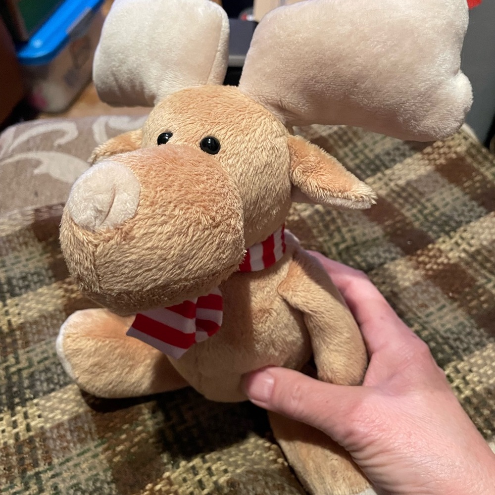 Plush Moose Toy with Red and White Scarf